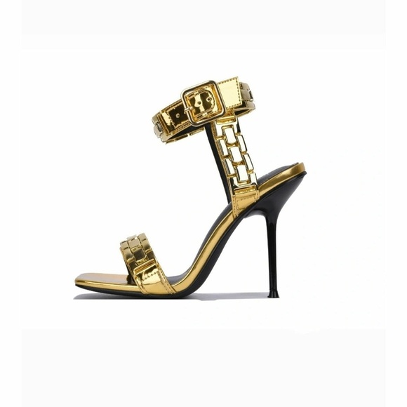 Cape Robbin Shoes - Metallic Gold chain architectural watch heels with buckle.